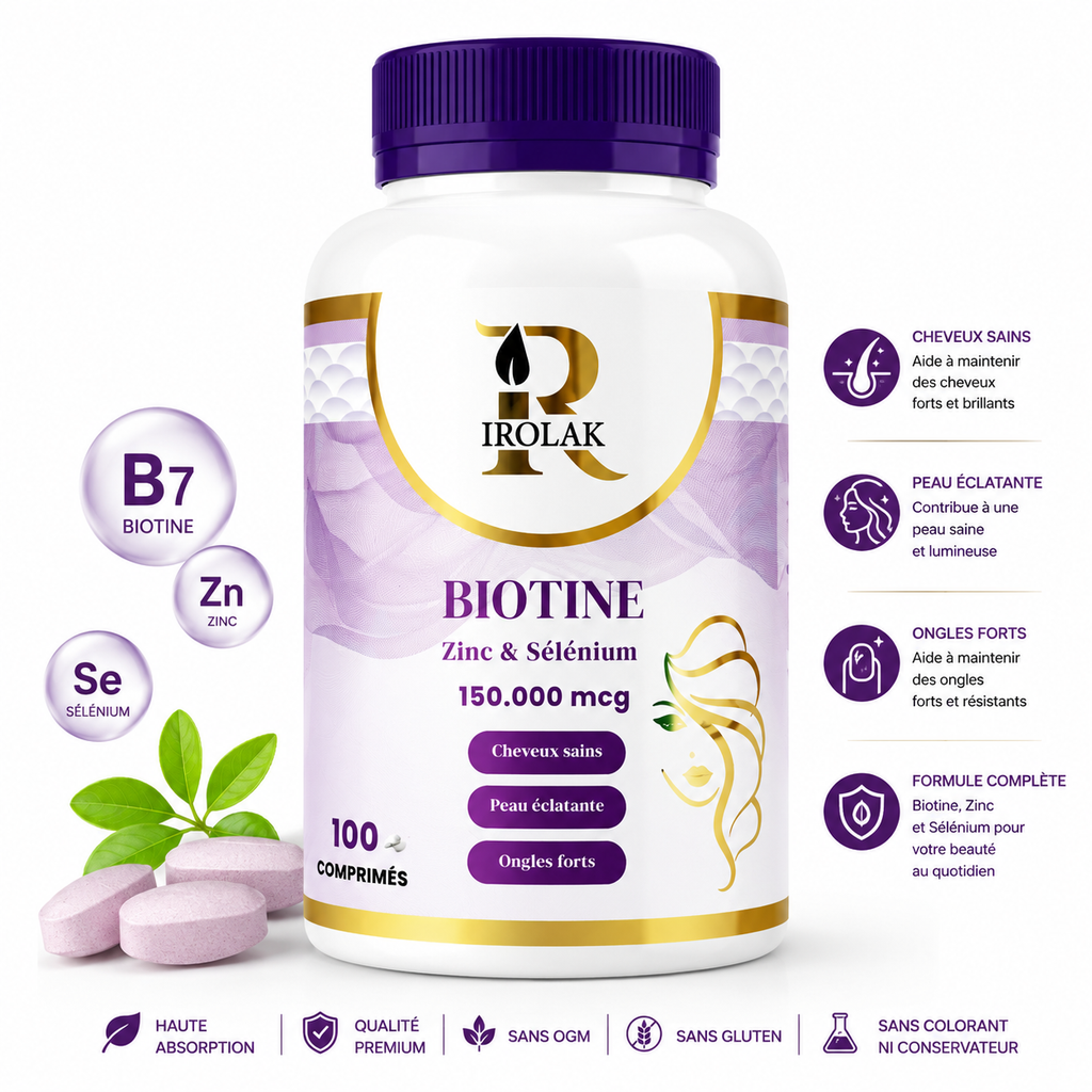 Biotine 150 000 mcg + Zinc &amp; Sélénium | IROLAK – Cheveux, Peau &amp; Ongl