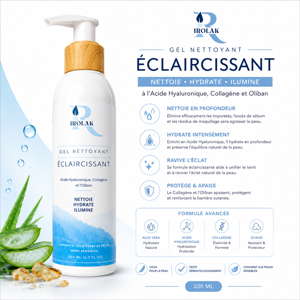 Gel Nettoyant Éclaircissant | IROLAK – Hydratation, Éclat &amp; Pureté de la Peau