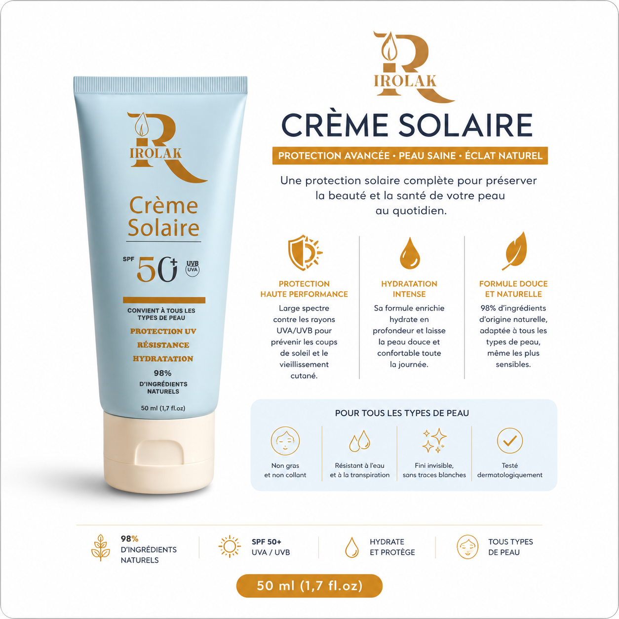 Crème Solaire SPF 50+ | IROLAK – Protection UV &amp; Hydratation Intense